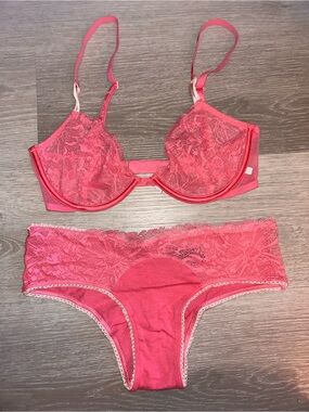 New VS Lace Underwire Bra & Bikini Panty Set - Pink
